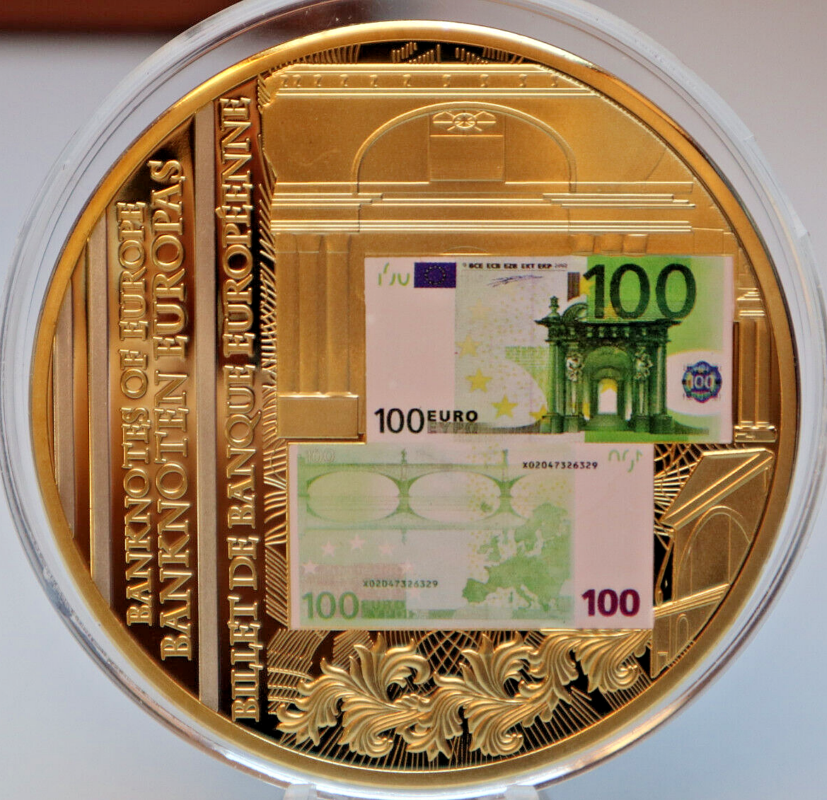 GIANTMEDAL:100EURO-BANKNOTESOFEUROPE,CuGoldPlated+Ag,COLOUR,PROOF,C26