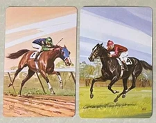 2 GENUINE VINTAGE NEW COND RACEHORSE PLAYING CARDS HORSE SWAP SAM SAVITT ARTIST