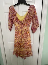 Rewind Women's Off the Shoulder Ruffle Hem Pink FLoral Print Chiffon Dress XL