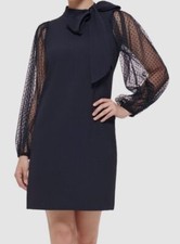 Vince Camuto Women Blue Mesh-Dot Long-Sleeves Shift Dress Size 4