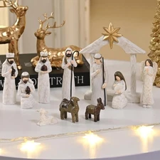 White Nativity Set for Kids, Resin Small Christmas Nativity Figurine, 11Pcs Mini