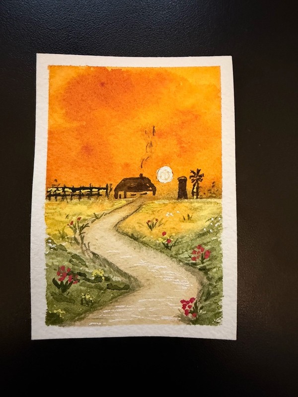 ACEO watercolor_with_g, Country Landscape Sunset, Rural Countryside Watercolor