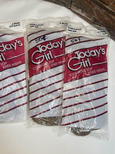 Vtg New Today's Girl Comfort Top Knee Highs Sandalfoot Nude Black Retro Sunday - Picture 3 of 6
