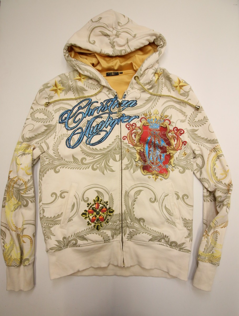 トップス 00s Christian Audigier double zip hoodie Christian Audigier Full Zip Hoodie Sweatshirt L Rhinestone Gold