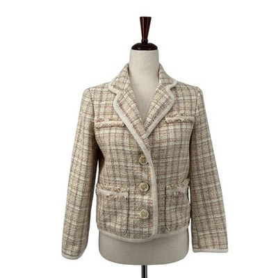 Retroglam Tweed Boucle Button Down Jacket M 160/84A Pastel Cream Plaid Preppy