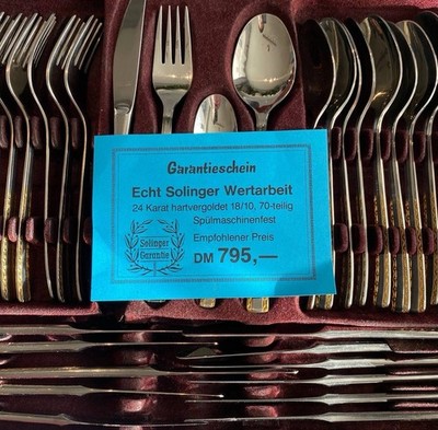 Solingen Besteckset 70-tlg. Edelstahl 18/10 24 Karat hartvergoldet Koffer