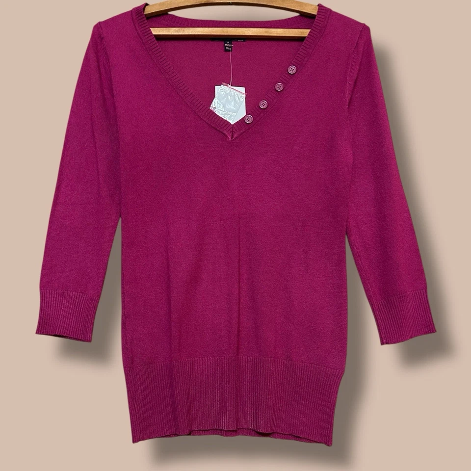 Suéter Top Y2K Para Llevar Talla Pequeña Lux Rosa Cuello en V Tejido Manga 3/4 Informal Preppy Foto 3 de 4