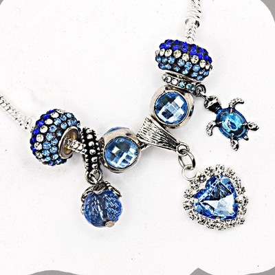 Murano Glass Beads 7 Pieces Blue with Rhinestones 7 Pieces New