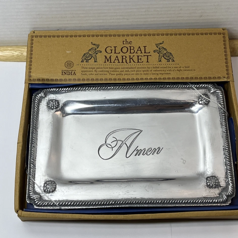 Global Market, Made In India Polished Silver Tone Pewter “AMEN” Tray, New In Box - Image 2 of 4