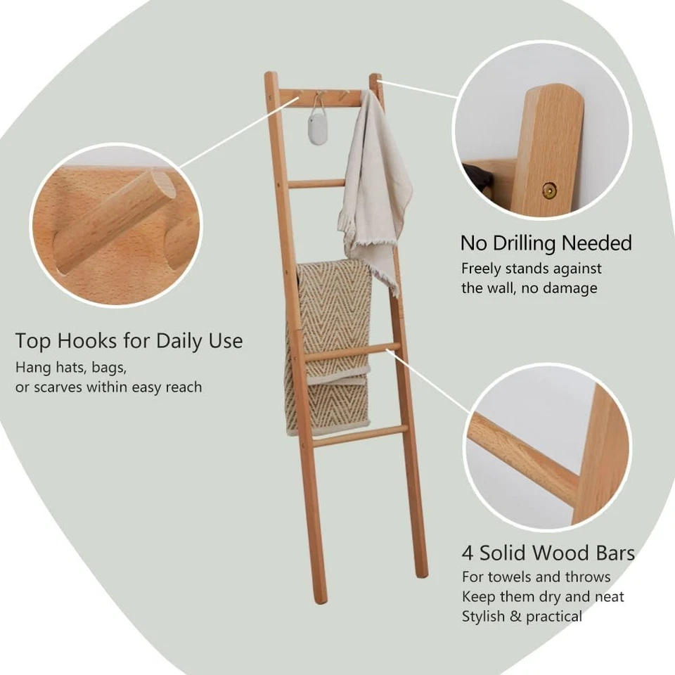 Manta escalera de madera de haya, soporte de edredón natural de granja de 5,3 pies con ganchos superiores, Foto 2 de 4