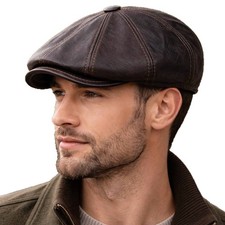 Vintage Brown  Real Leather Cabbie Hat Newsbo...