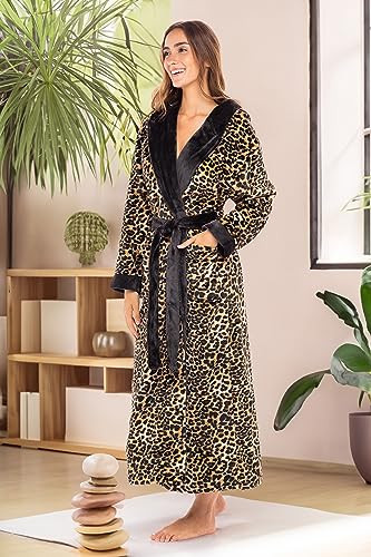 Womens Robe, Long Plush Bathrobe with Hood, Hooded Robes Large Leopard Print - Picture 5 of 7
