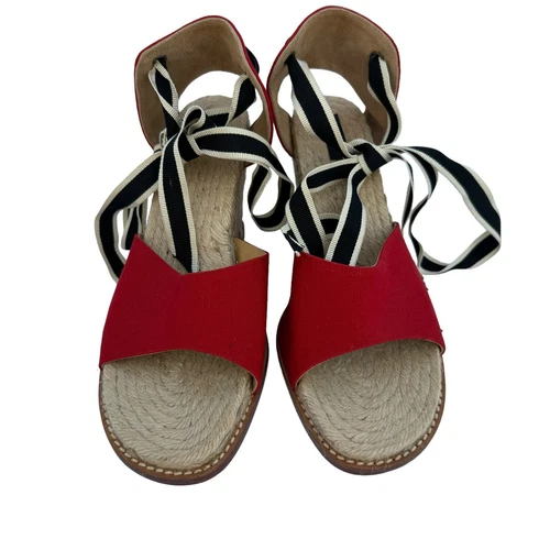 Nuovo sandalo Kate Spade rosso tela juta punta aperta nastro cravatta espadrillas zeppa 38
