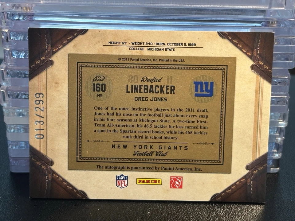 Greg Jones Auto 2011 Panini Timeless Treasures Rookie /299 RC #160 Giants - Image 2 of 2