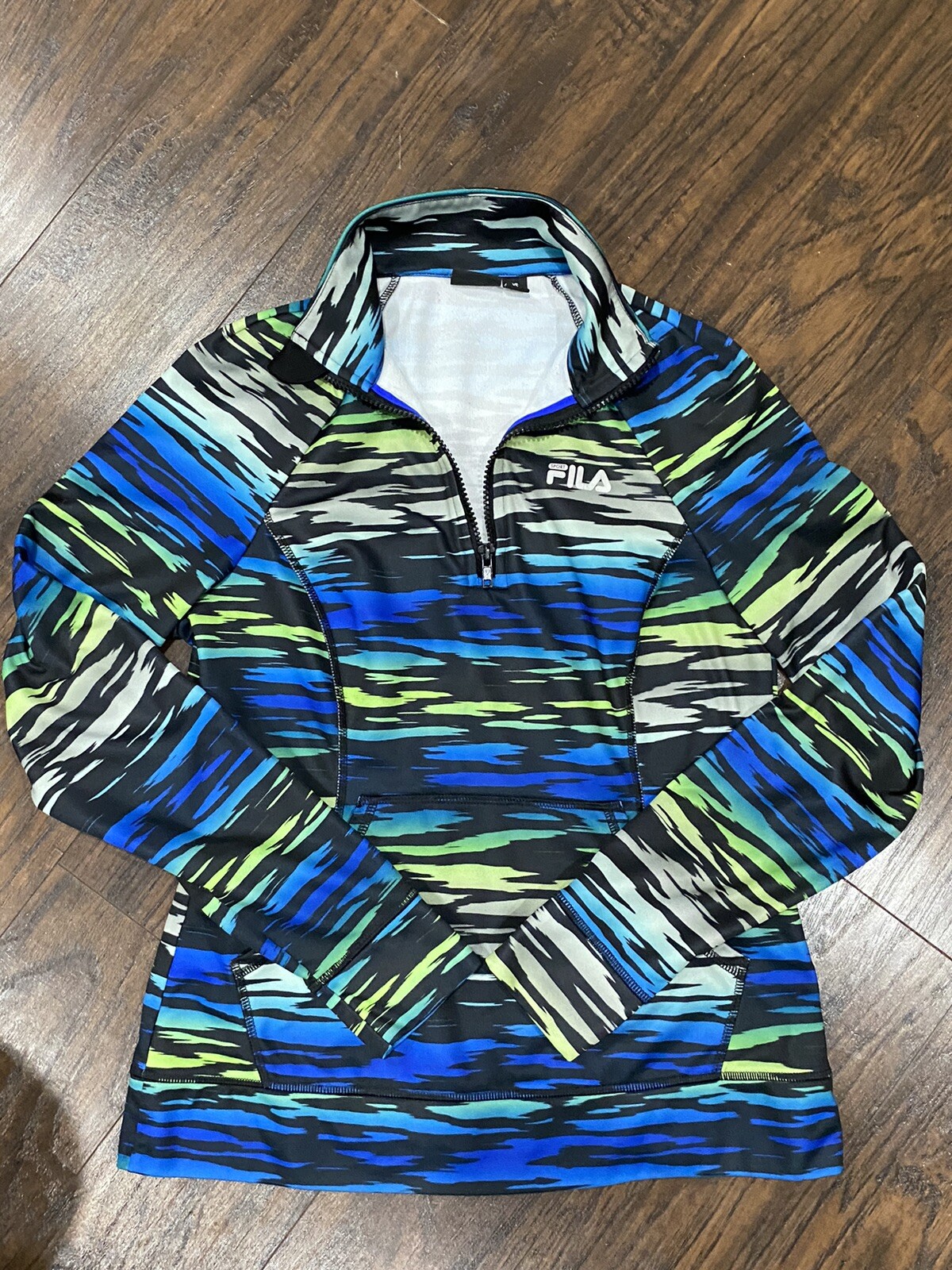 Giacca atletica Fila Sport donna XS mezza cerniera pullover blu verde tigre a righe
