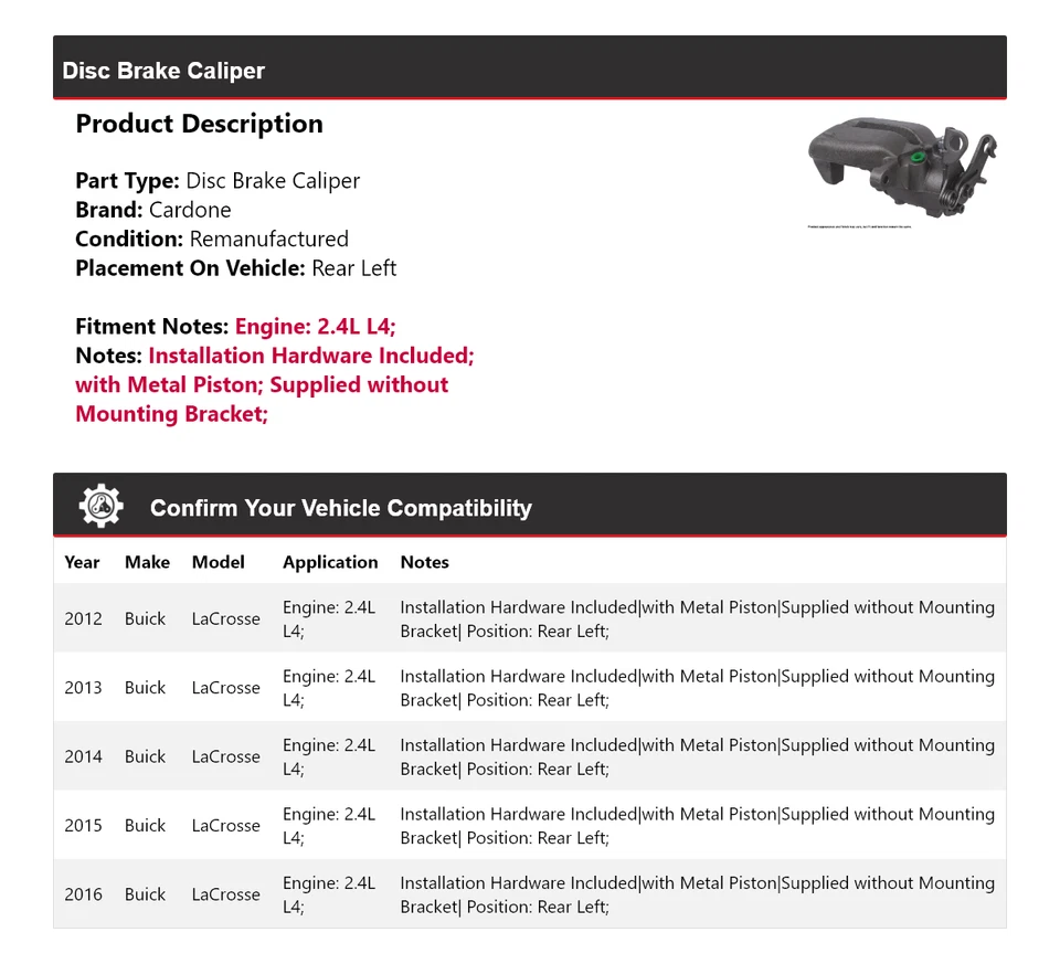 Pinza de freno de disco trasera izquierda Cardone 2013 para Buick LaCrosse 2012-2016 2,4 L L4 Foto 2 de 4