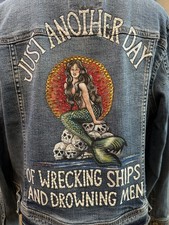 Hand Painted Mermaid, Siren, Skulls Denim Bling Jacket Mossimo Sz Xxl Ooak
