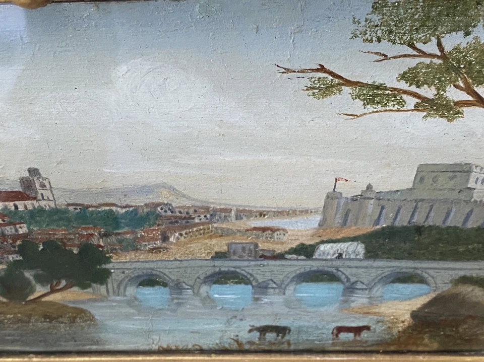 Antiguo espejo Trumeau de madera dorada Regencia con pintura al óleo paisaje siglo XIX Foto 4 de 4