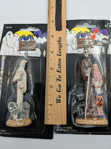 2 Vintage Cute n' Creepy Halloween Figurines Graveyard Ghost Grim Reaper Skull - Picture 9 of 9