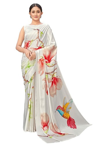 Digital Printed Off White Satin Saree 
