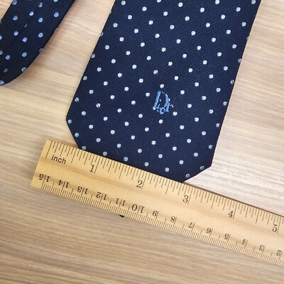 Vintage CHRISTIAN DIOR Tie Men Navy Polka Dot D Logo Designer Luxe