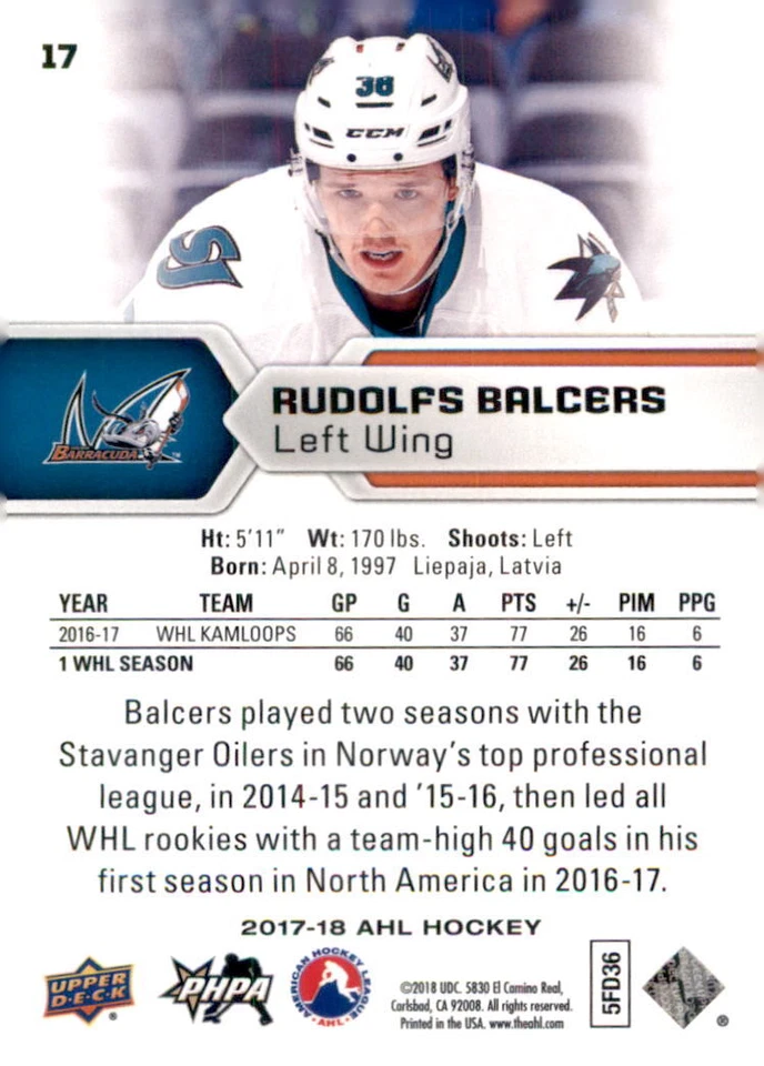 2017-18 Upper Deck AHL #17 Rudolfs Balcers - Image 2 of 2