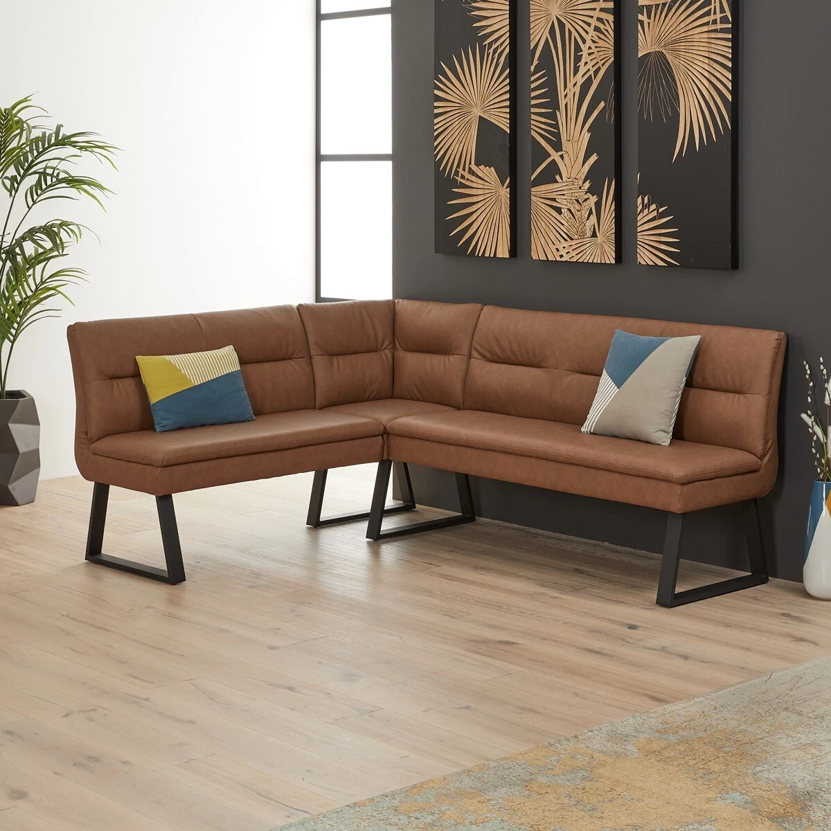 Bronx Industrial Corner Dining Bench Tan Brown Faux Leather
