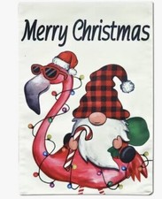 CHRISTMAS GARDEN FLAG LINEN 12"X18" TROPICAL "GNOME ON FLAMINGO" MERRY CHRISTMAS