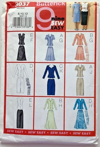 Butterick 3037 Sewing Pattern Misses 9 Sew Easy Tops & Skirts Size 8-10-12 Uncut