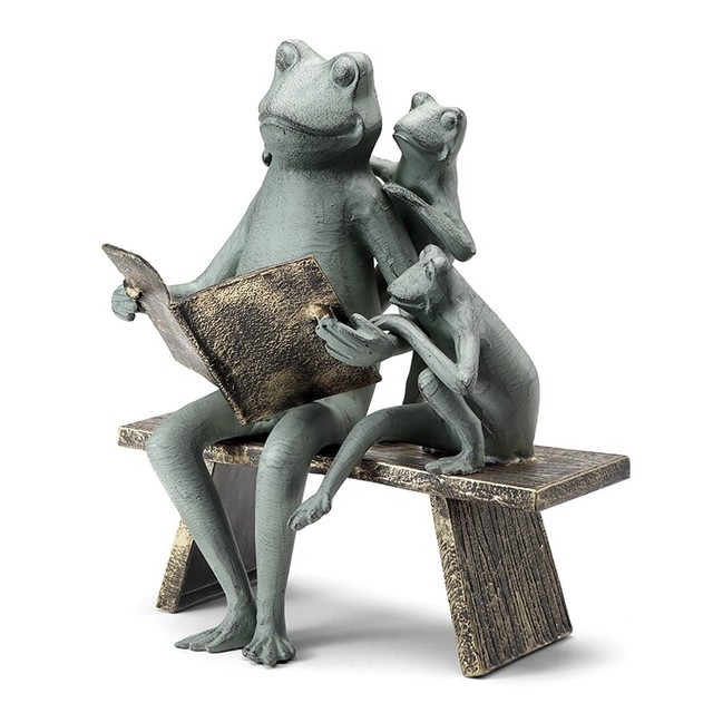 Reading Frog Family Book Loving Frogs On Bench Garden Sculpture Statue