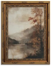 Gold Framed Vintage Autumn Landscape Canvas Wall Art Rustic Moody Lakeside Wa...