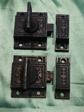 2 Victorian Eastlake Vtg T Handle Iron Cabinet Door Latches Matching W Catches