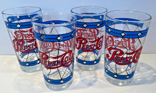 Vintage Pepsi Cola Drinking Glasses Tiffany Style 1970s Stained Glass Set of 4