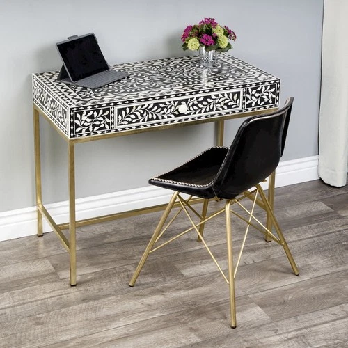 Perilla  Bone Inlay Writing Desk, Black and White, Gold - Picture 3 of 12
