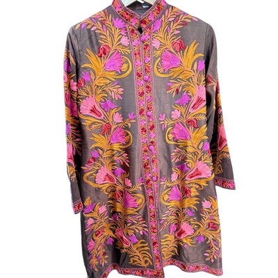 Gorgeous Embroidered Silk Tunic Top Floral Pink Mandarin Collar Made in Nepal L