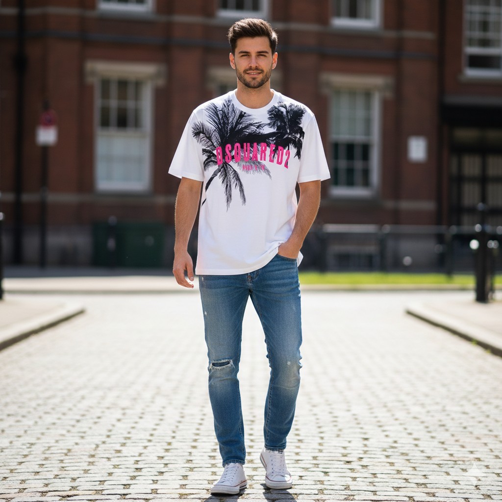 Dsquared2 Palms Slouch Fit Graphic Print Logo White Tshirt Size M image 2