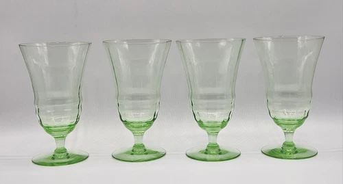 Set of 4 Vaseline Uranium Glass Wine Goblets Depression Era Hand Blown - EUC