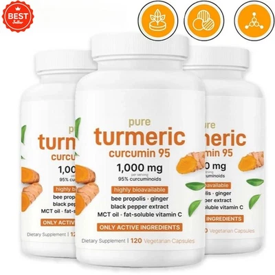 Pure Turmeric Curcumin 95% Capsules w/ Black Pepper MCT Oil Antioxidant Support