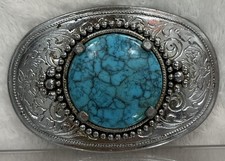 Vintage Western Belt Buckle Silver Tone with Turquoise Blue Stone Floral