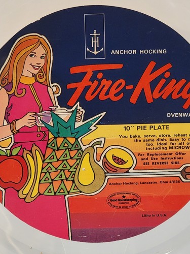 Vintage Old Stock Anchor Hocking FIRE KING 10" Pie Plate Dish Retro Graphic 50's - Picture 2 of 5