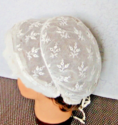 Antique women's regional tulle embroidered flowers small pleats headdress early 20th century AB 40