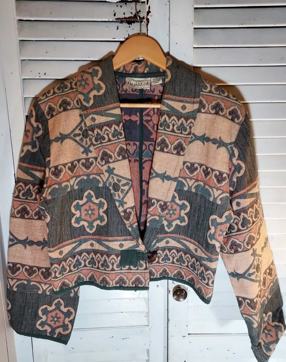 WOMENS Southwest Blazer Heavy Tapestry Jacket Aztec Tribal Print Blue Size M