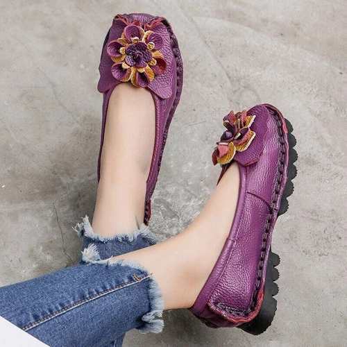 Leather Flat Shoes Women Flats with Flowers Ladies Soft Shoes Loafers Slip On - Imagen 7 de 21