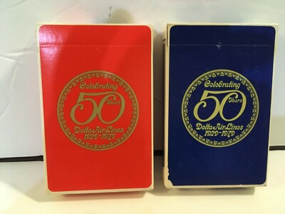 2 NEW Vintage DELTA  AIRLINES-50th Anniversary Playing Cards Red/Blue Sealed NOS