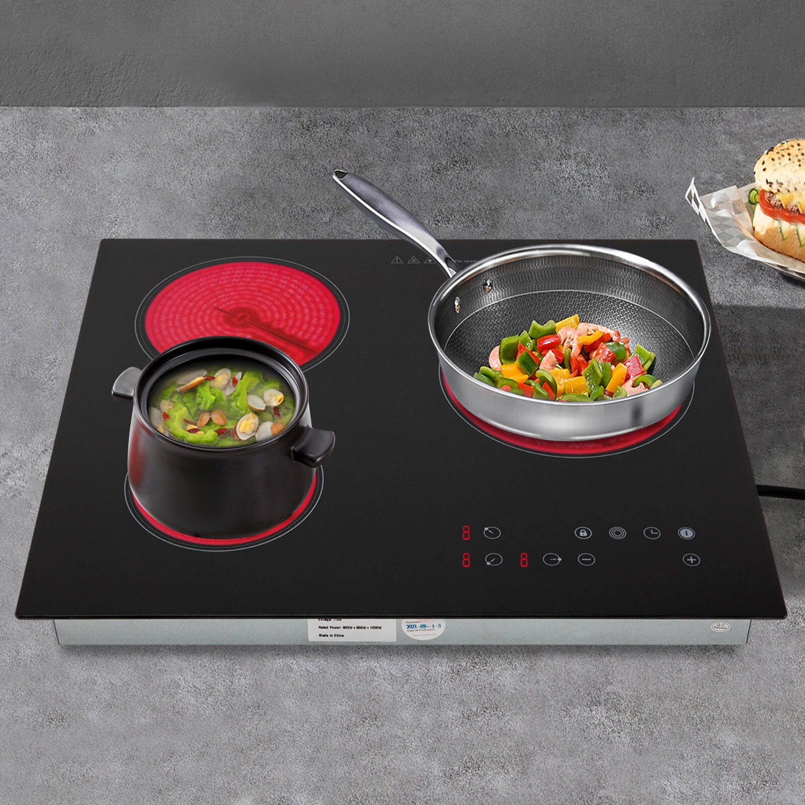 24" 3-Burner Built-in Electric Cooktop Ceramic Stove Top Touch Timing 110V 2600W