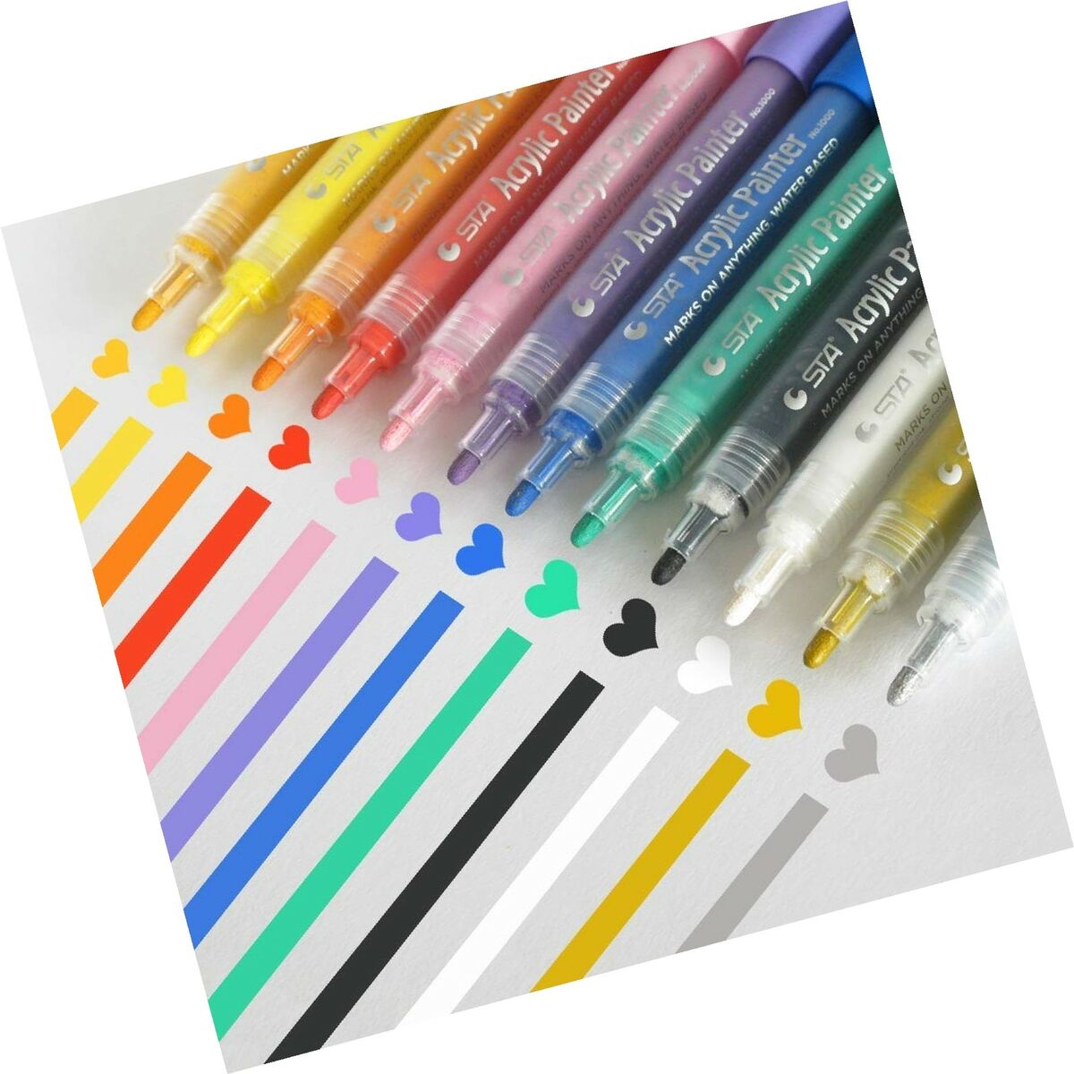 Acrylic Paint Markers Set - Permanent Paint Pens for Plastic, Glass, Ceramic, Wood, Cloth, Rubber, Rock and Any Surface. 12 Water Based. Water