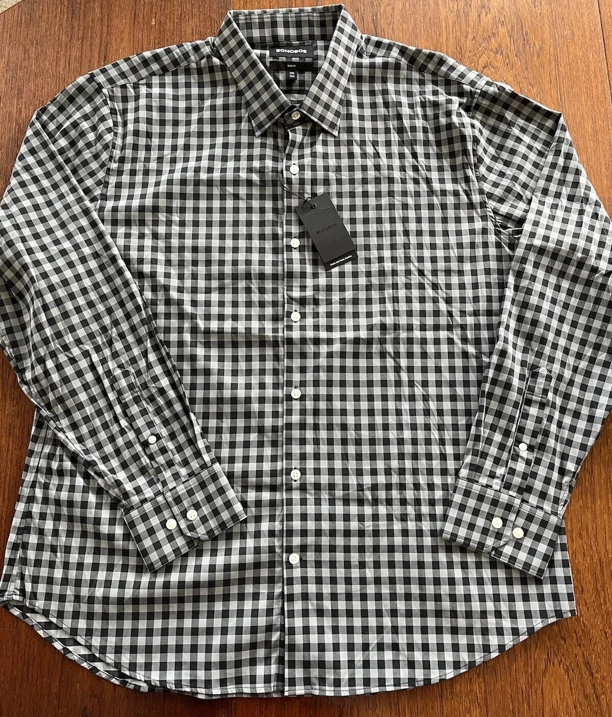 BONOBOS Men XXL Slim Fit Tech Shirt Lakeland Gingham Check Black Latte NWT $99