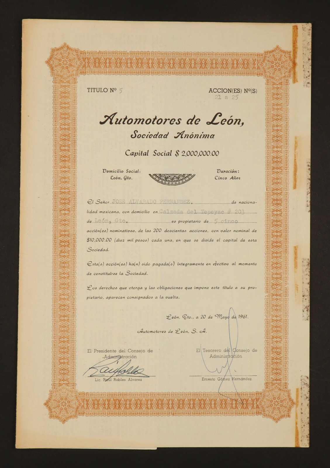 MEXICO I/60 🇲🇽 AUTOMOTORES DE LEON 5 acciones,10,000 de 1961,Only 40