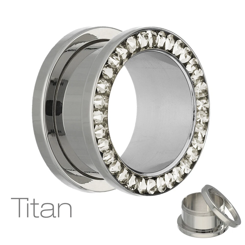 Treuheld® - Flesh Tunnel - Titan - Silber - Gewinde - Kristalle (6466) - Bild 2 von 3
