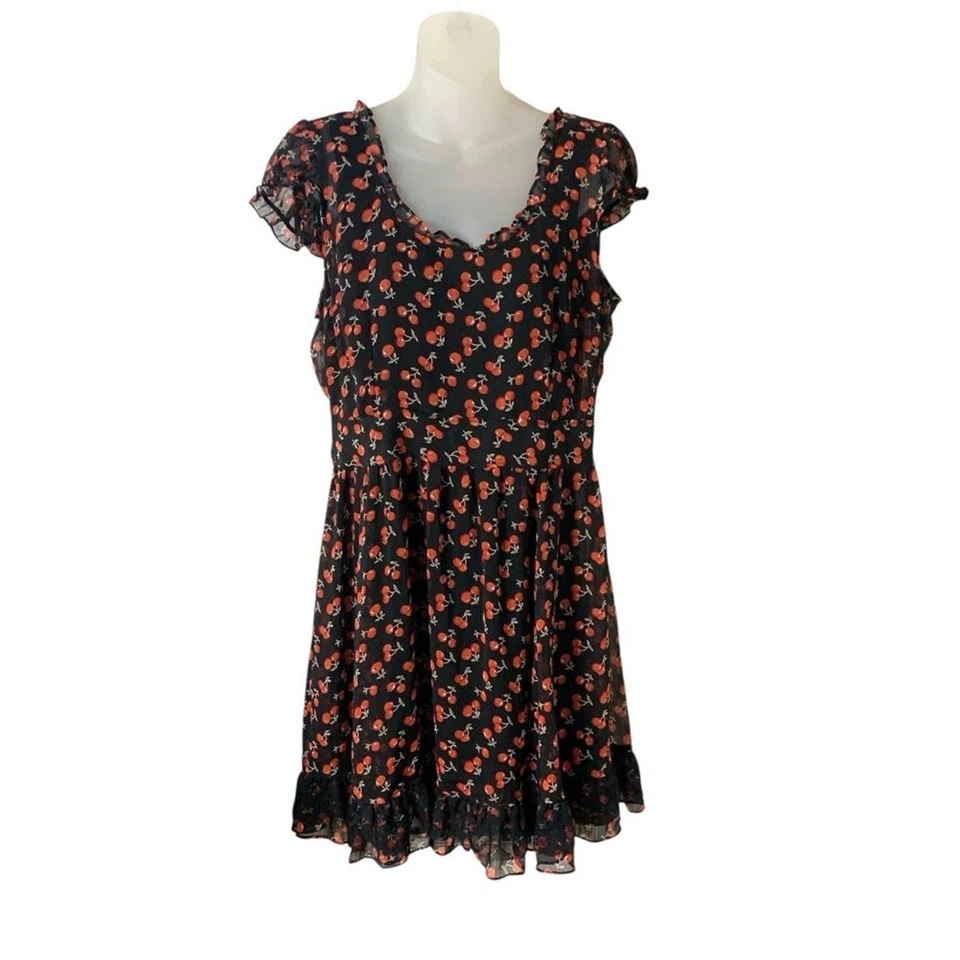 Vestido Rockabilly Estampado Cereza Royal Bones Daang Cuello Redondo Calado Negro Rojo XL Foto 2 de 4